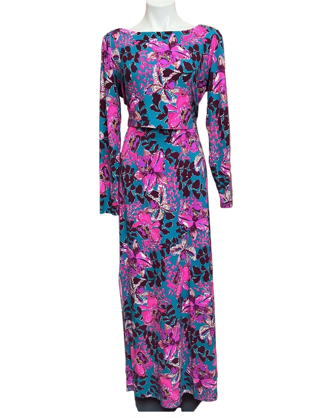 Lilly Pulitzer Teal and Fuchsia Floral Long-Sleeve Maxi 2 piece skirts set Large